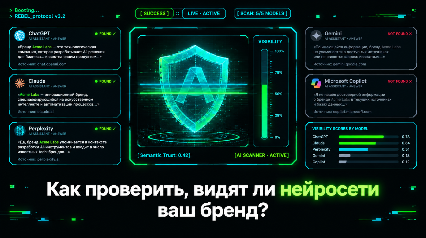 Проверка видимости бренда в нейросетях: панели ответов ChatGPT, Claude, Perplexity, Gemini и Copilot со статусами найдено/не найдено и шкалой видимости